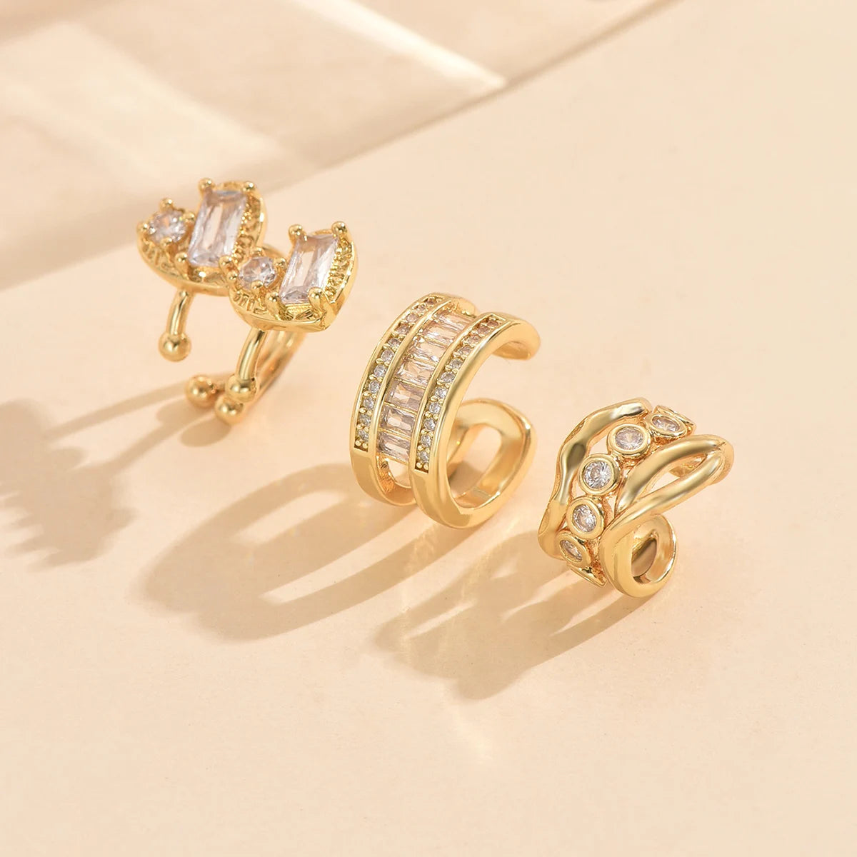 3 PCS Gold Crystal Cuff Earring Set