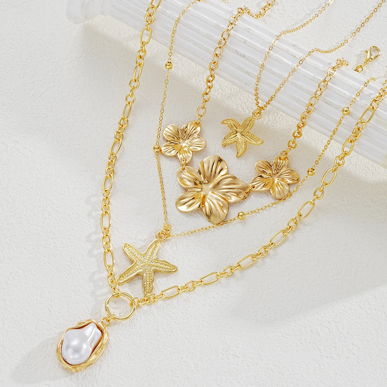 4 PCS Starfish Flower Necklace Set