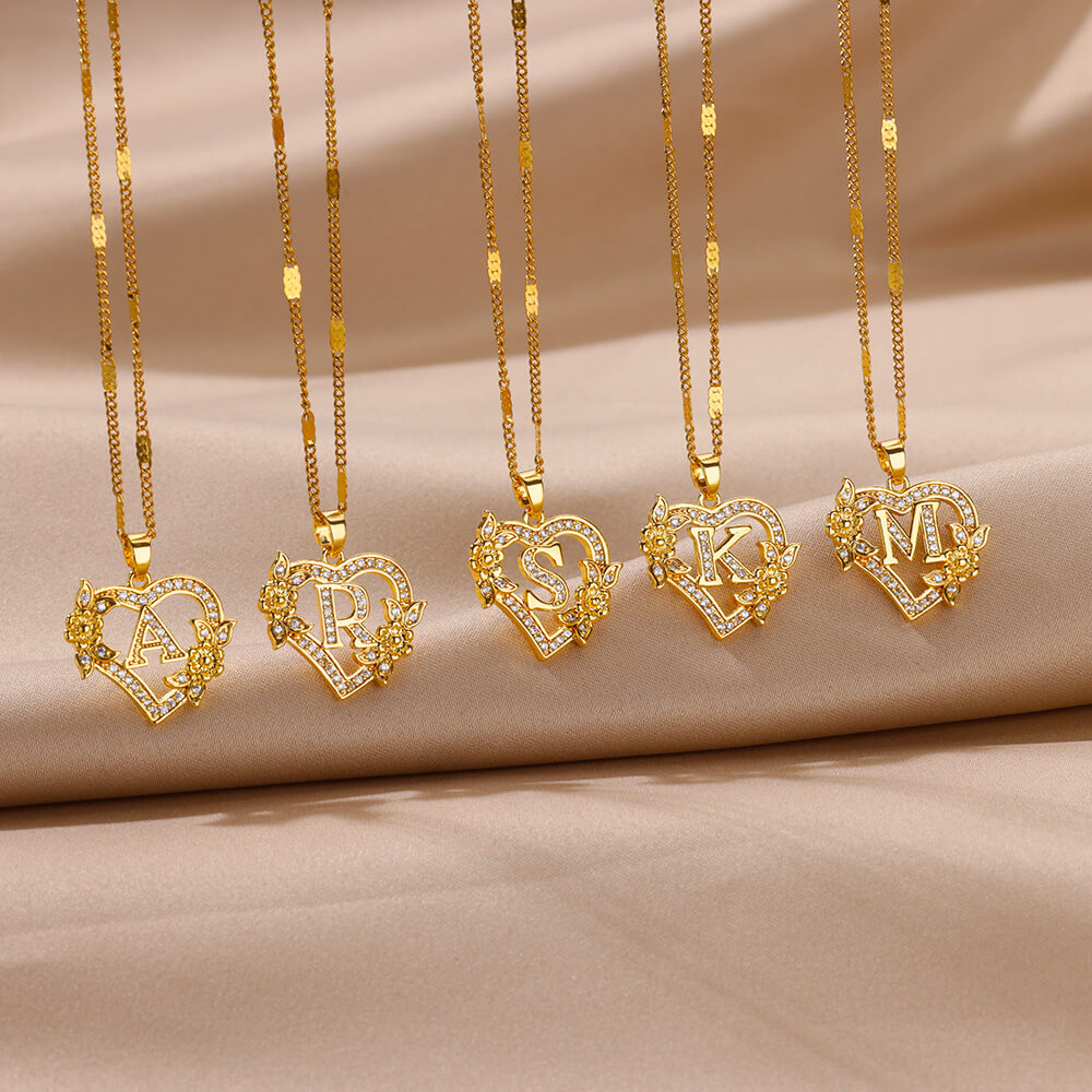 Flower Heart Initial Necklace