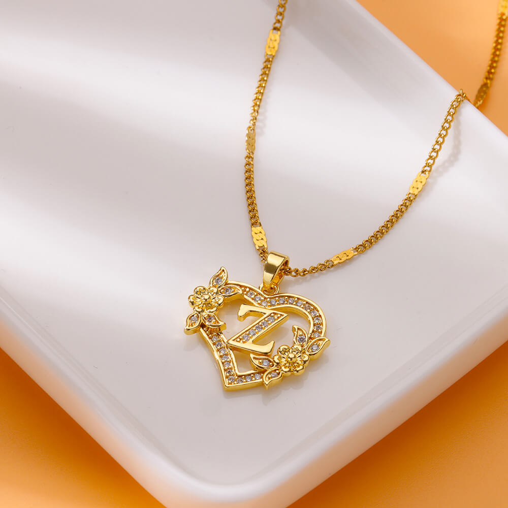 Flower Heart Initial Necklace