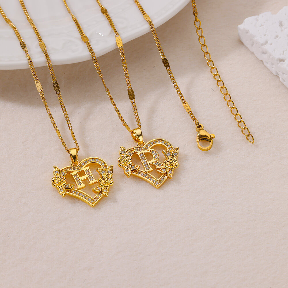 Flower Heart Initial Necklace