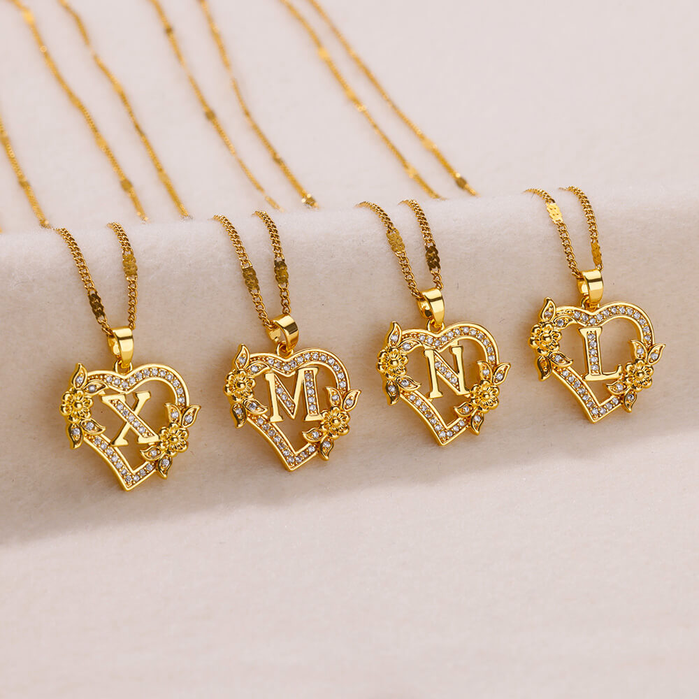 Flower Heart Initial Necklace