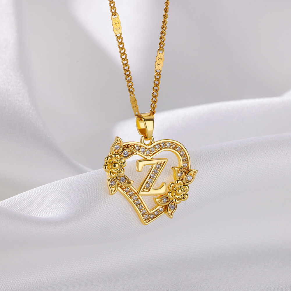 Flower Heart Initial Necklace
