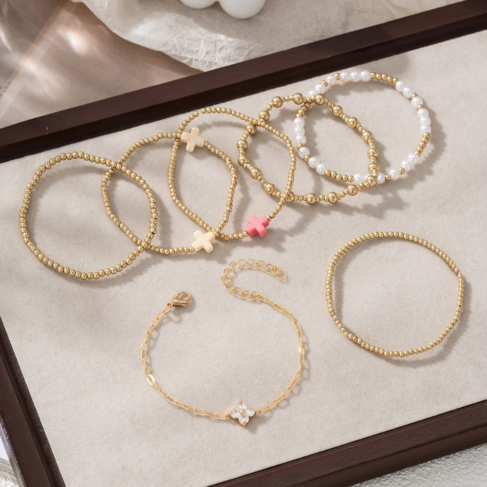 7 PCS Beaded Cross Bracelet Set