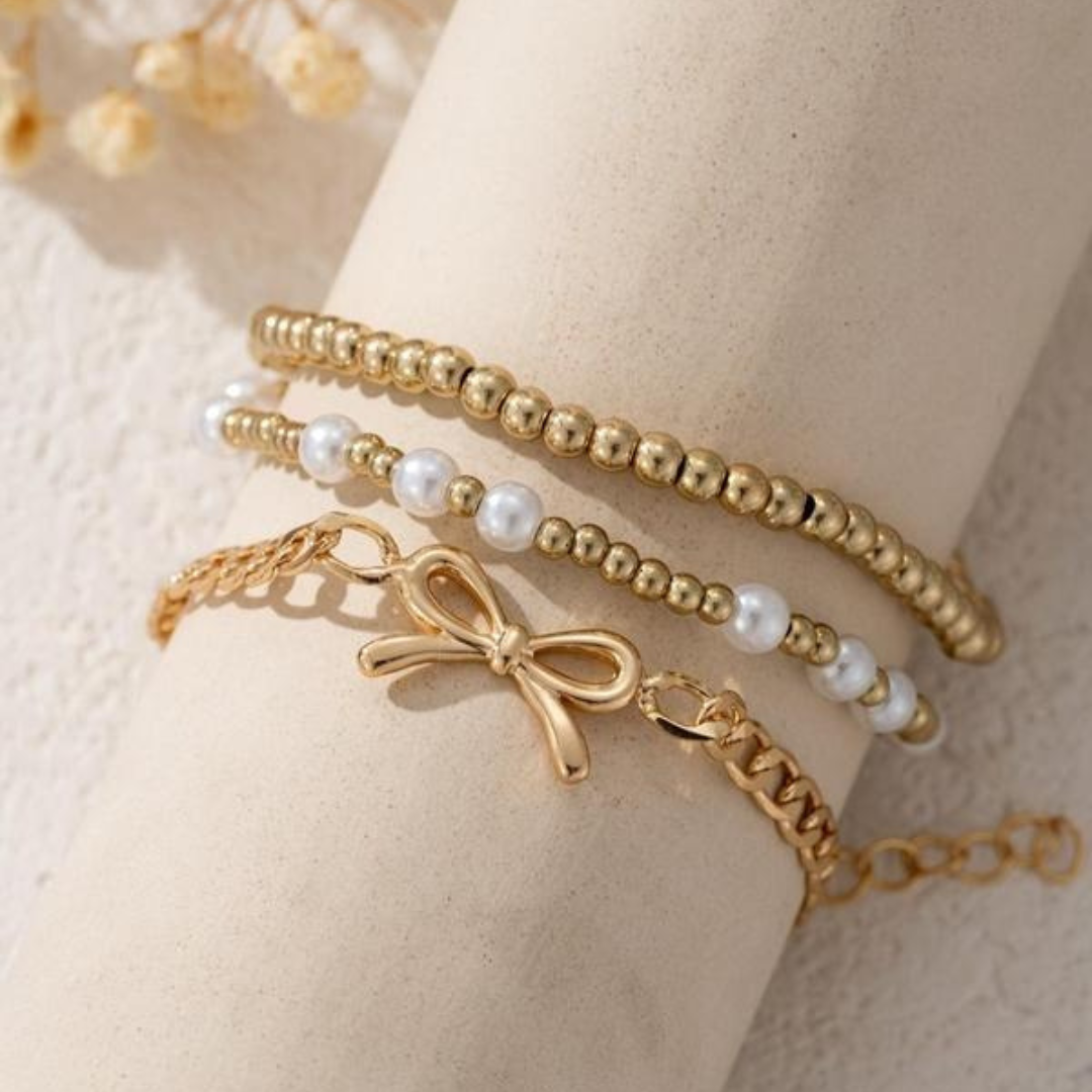 3 PCS Beaded Pearl Bow Bracelet