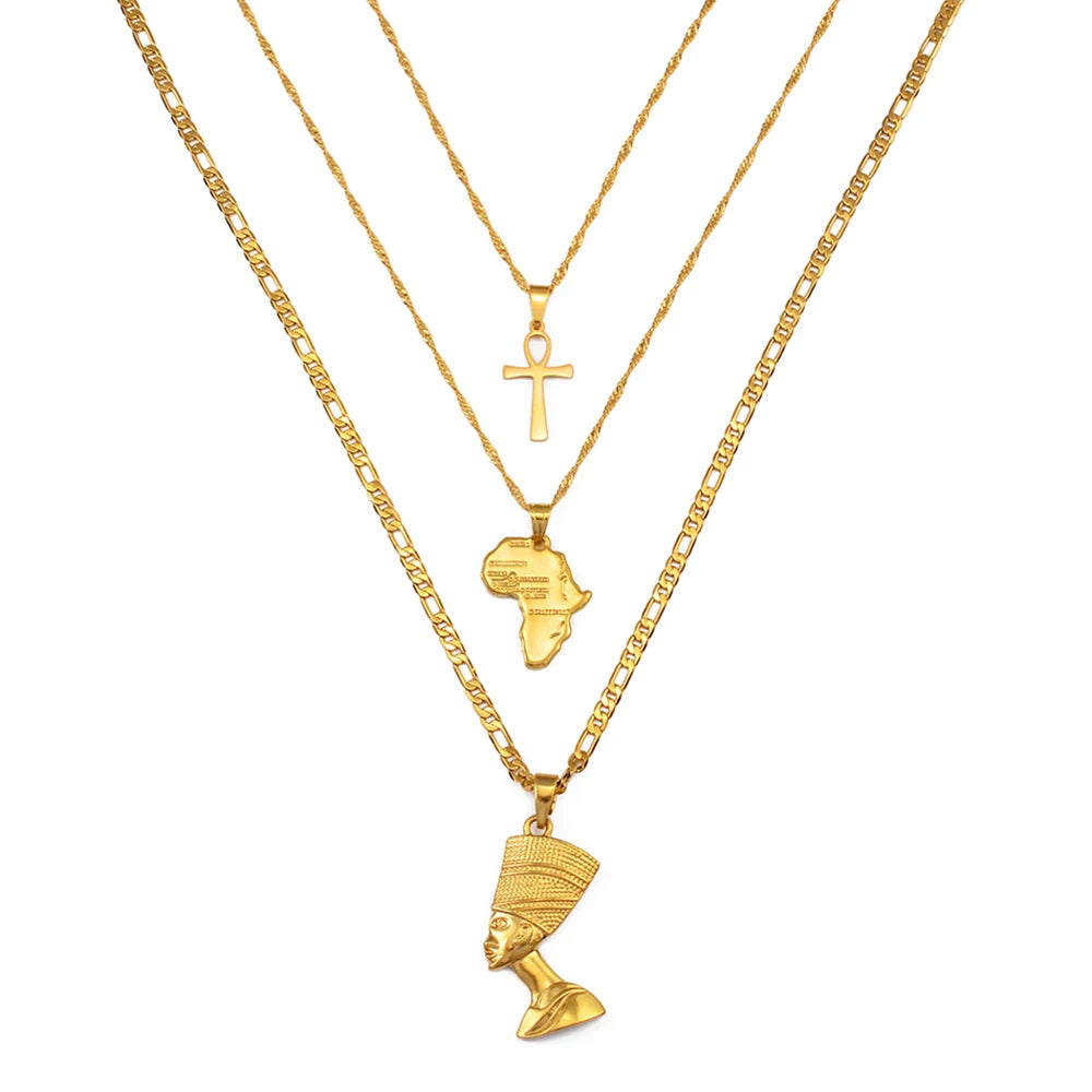 3 PCS Africa & Ankh Necklace Set