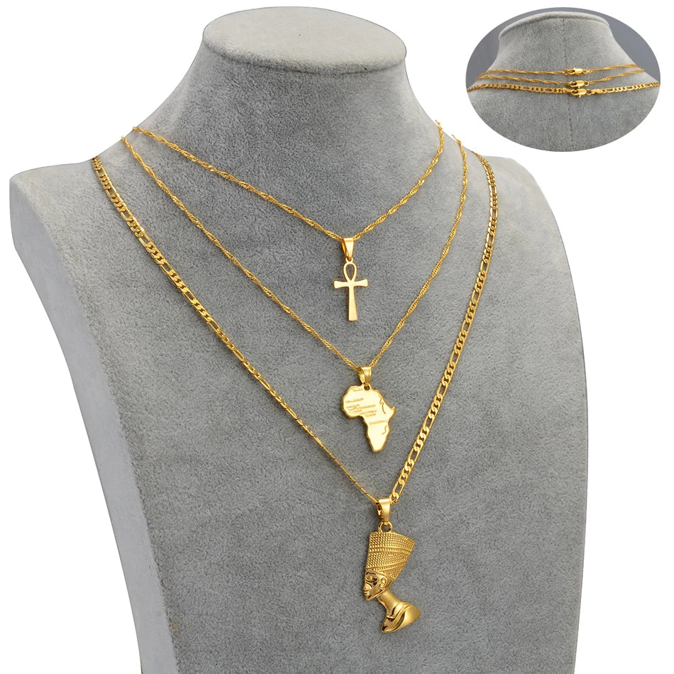 3 PCS Africa & Ankh Necklace Set