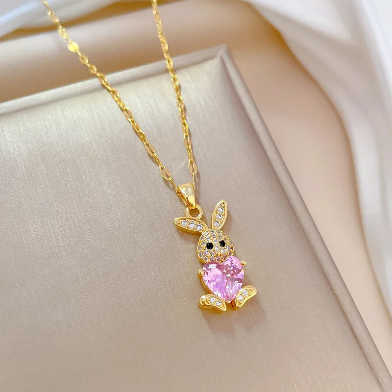 Heart Stone Rabbit Necklace
