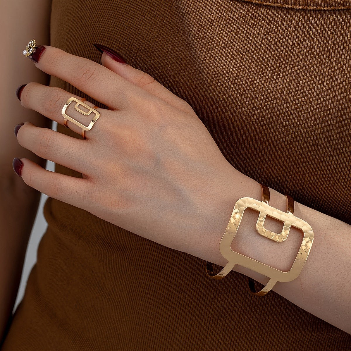 Geometric Open Cuff Bracelet and Ring Set