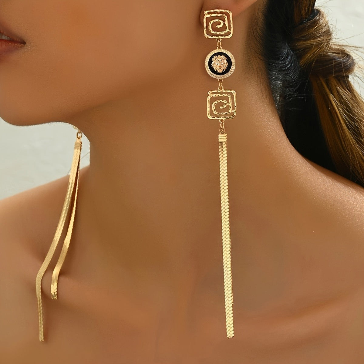 Vintage Geometric Lion Tassel Earrings