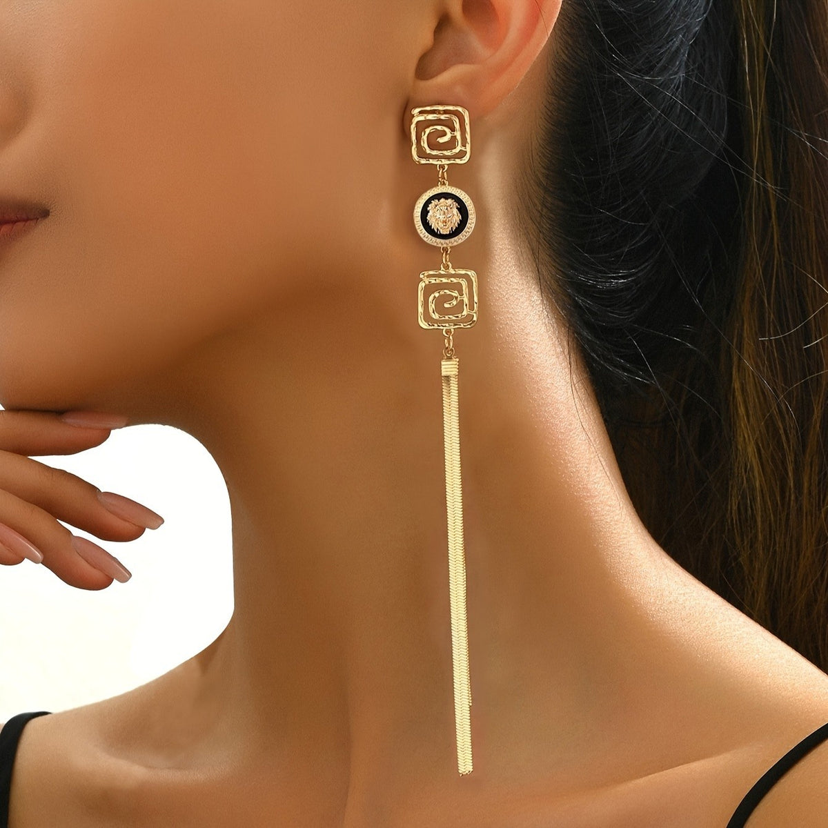 Vintage Geometric Lion Tassel Earrings