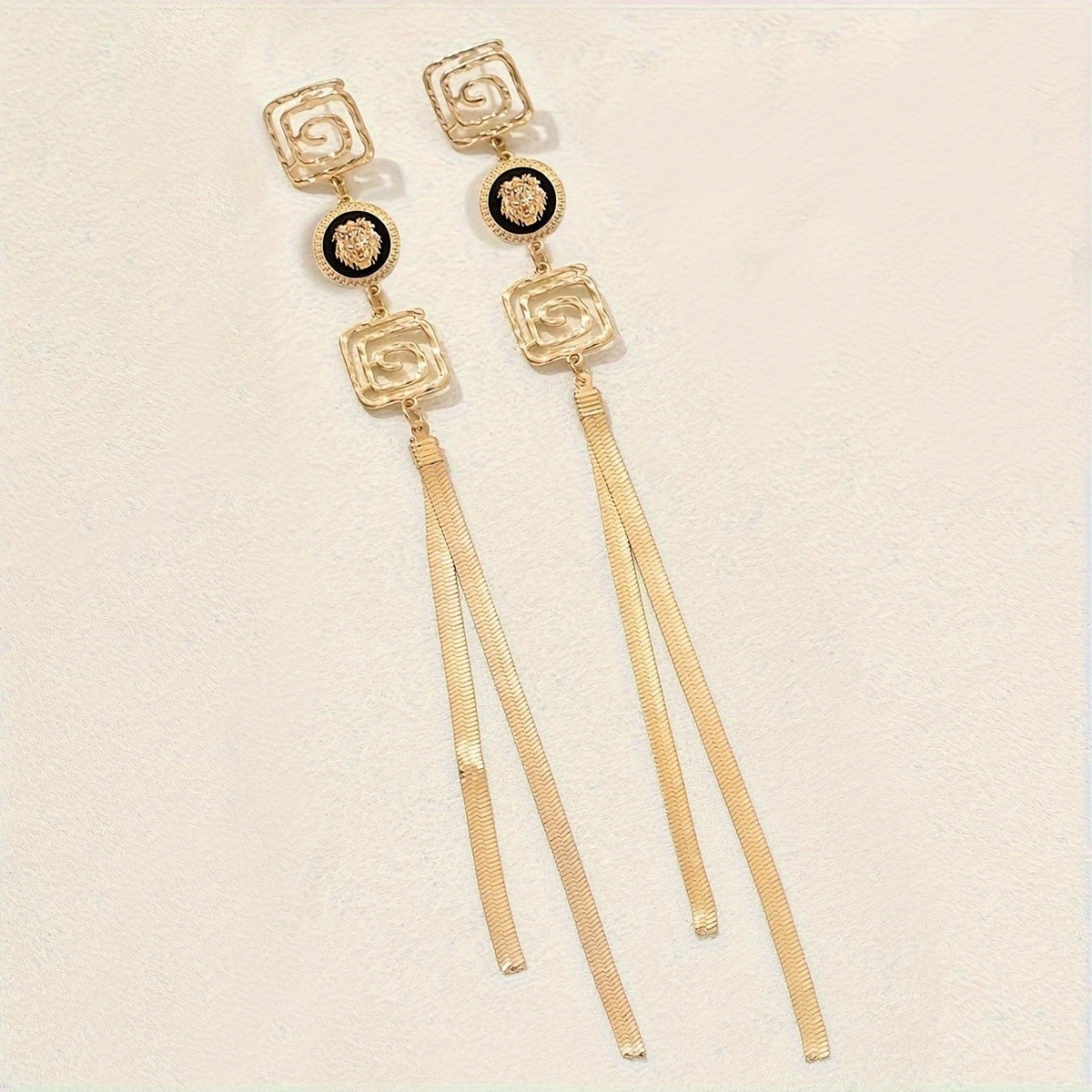 Vintage Geometric Lion Tassel Earrings