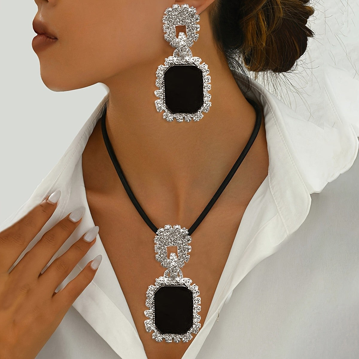 Vintage Square Stone Necklace and Earring Set