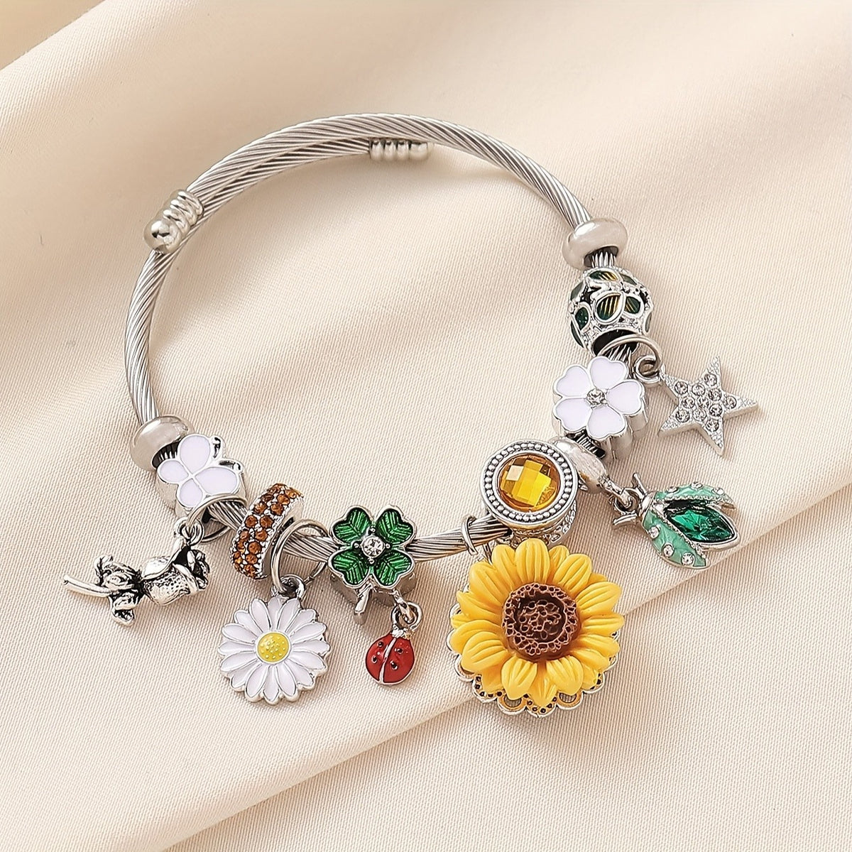 Adjustable Stainless Steel Sunflower Charm Bracelet