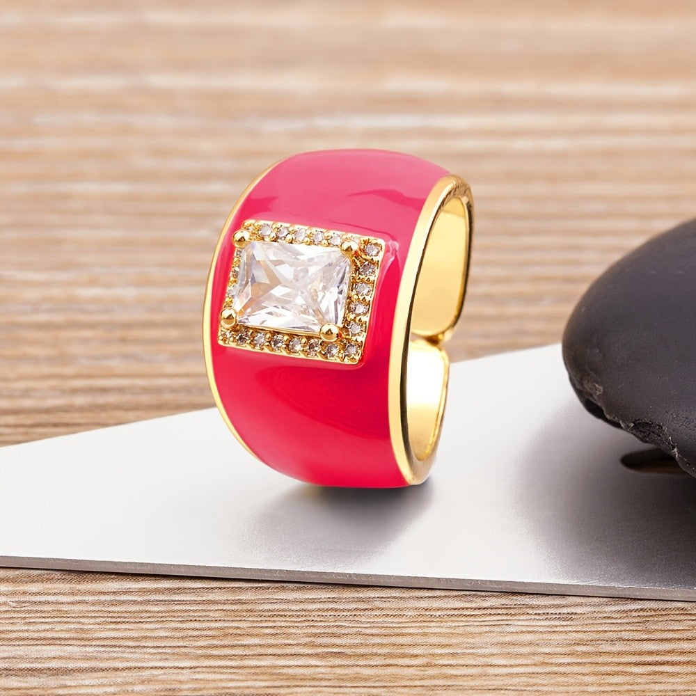 18k Blue Enamel Square Stone Ring