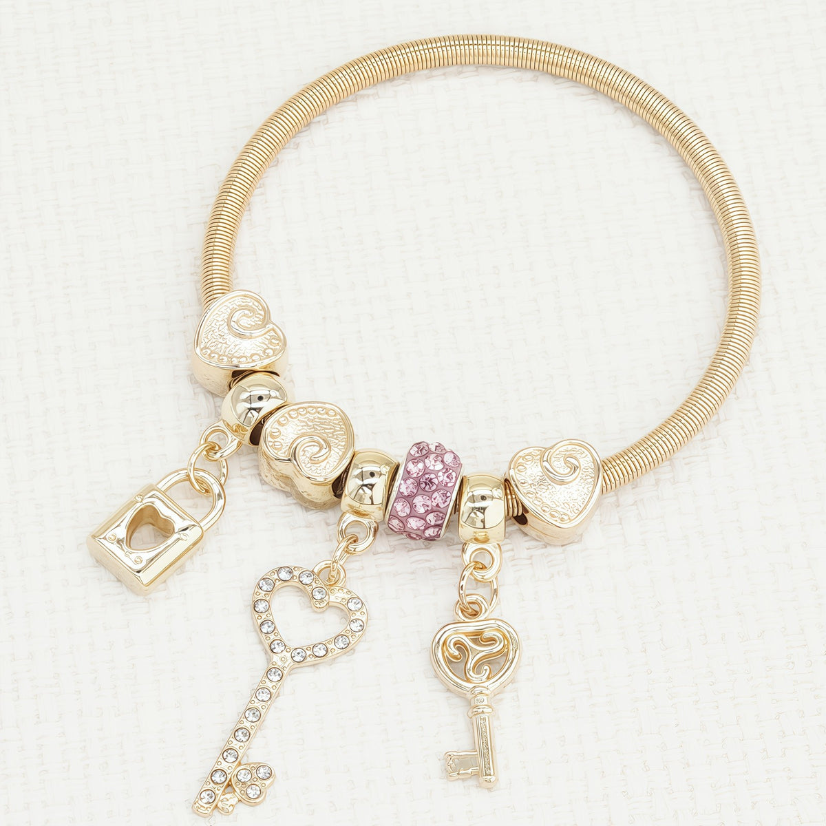 Gold Heart Key Lock Charm Bracelet