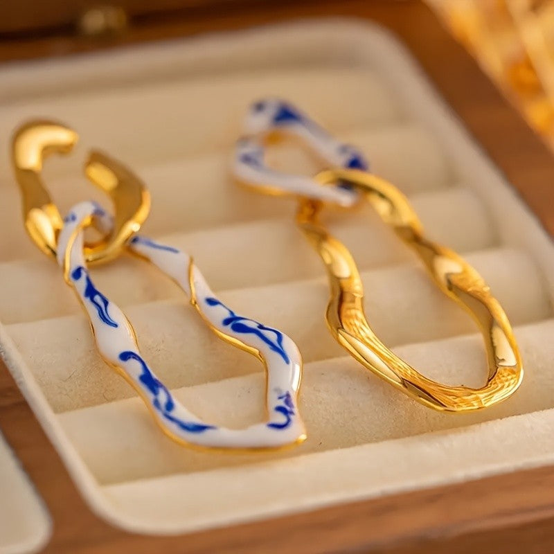 Asymmetric Porcelain Pattern Drop Earrings