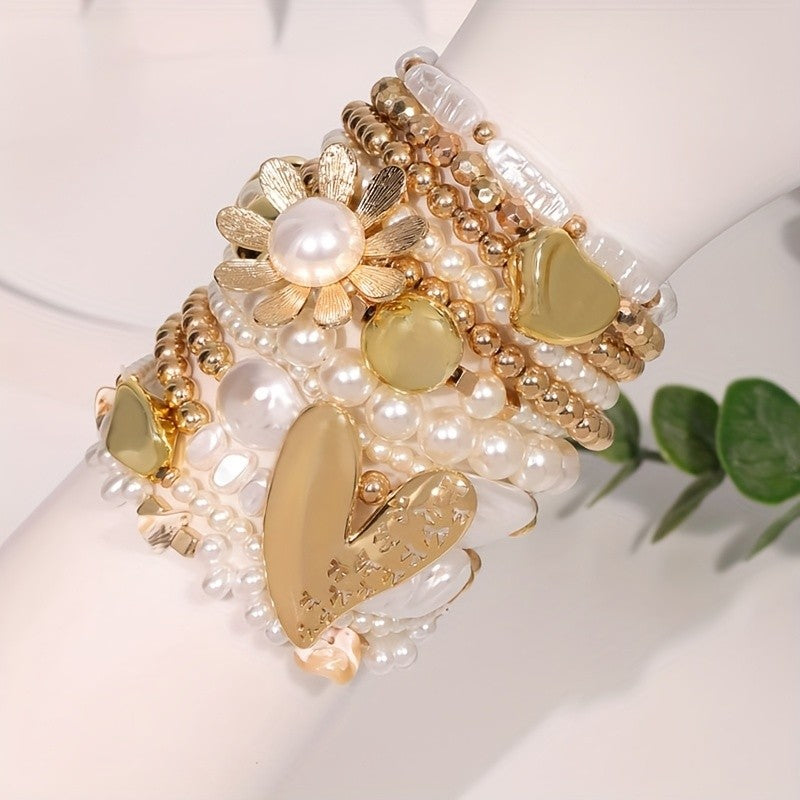 Multi-Layer Pearl and Gold Flower Bracelet Set