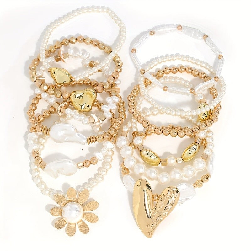 Multi-Layer Pearl and Gold Flower Bracelet Set