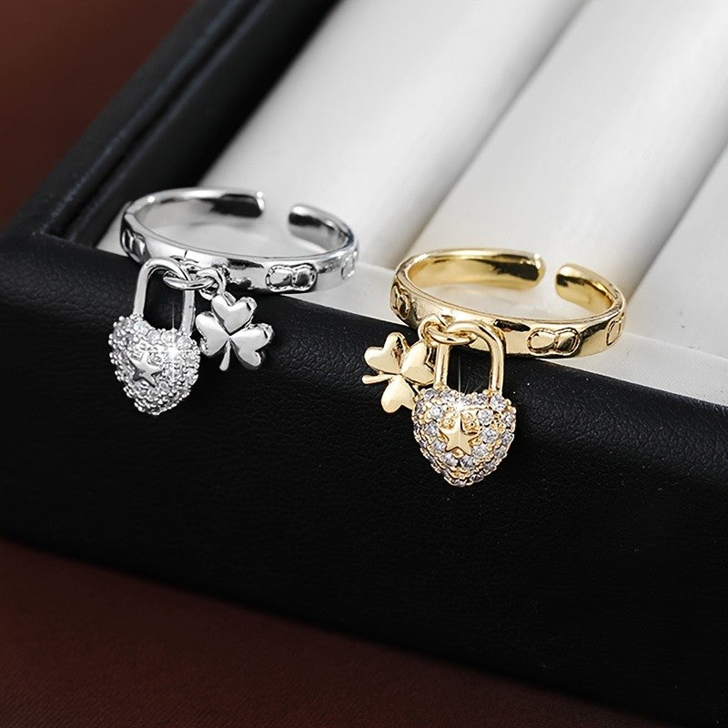Adjustable Heart Lock Stone Ring