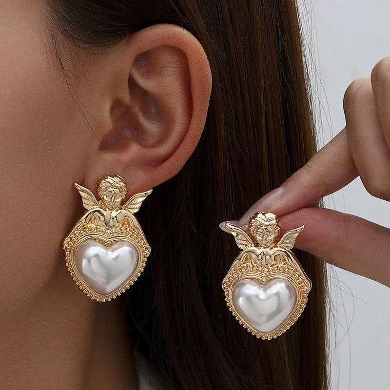 Vintage Angel Heart Stud Earrings