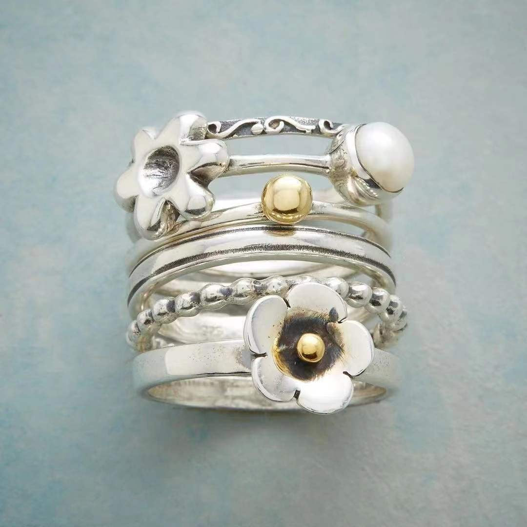 S925 Flower and Pearl Stackable Ring Set