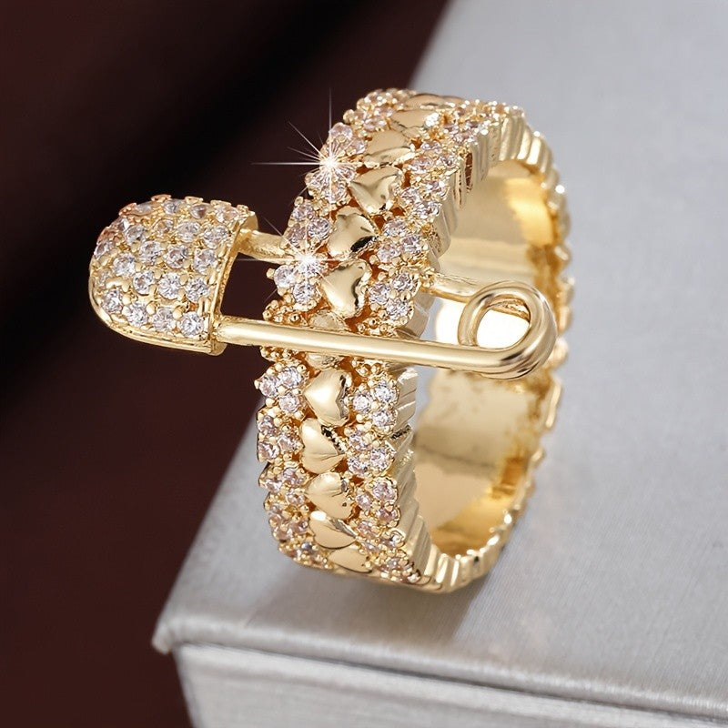 Gold Heart Zircon Safety Pin Ring