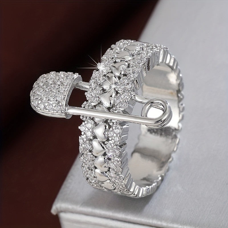 Gold Heart Zircon Safety Pin Ring