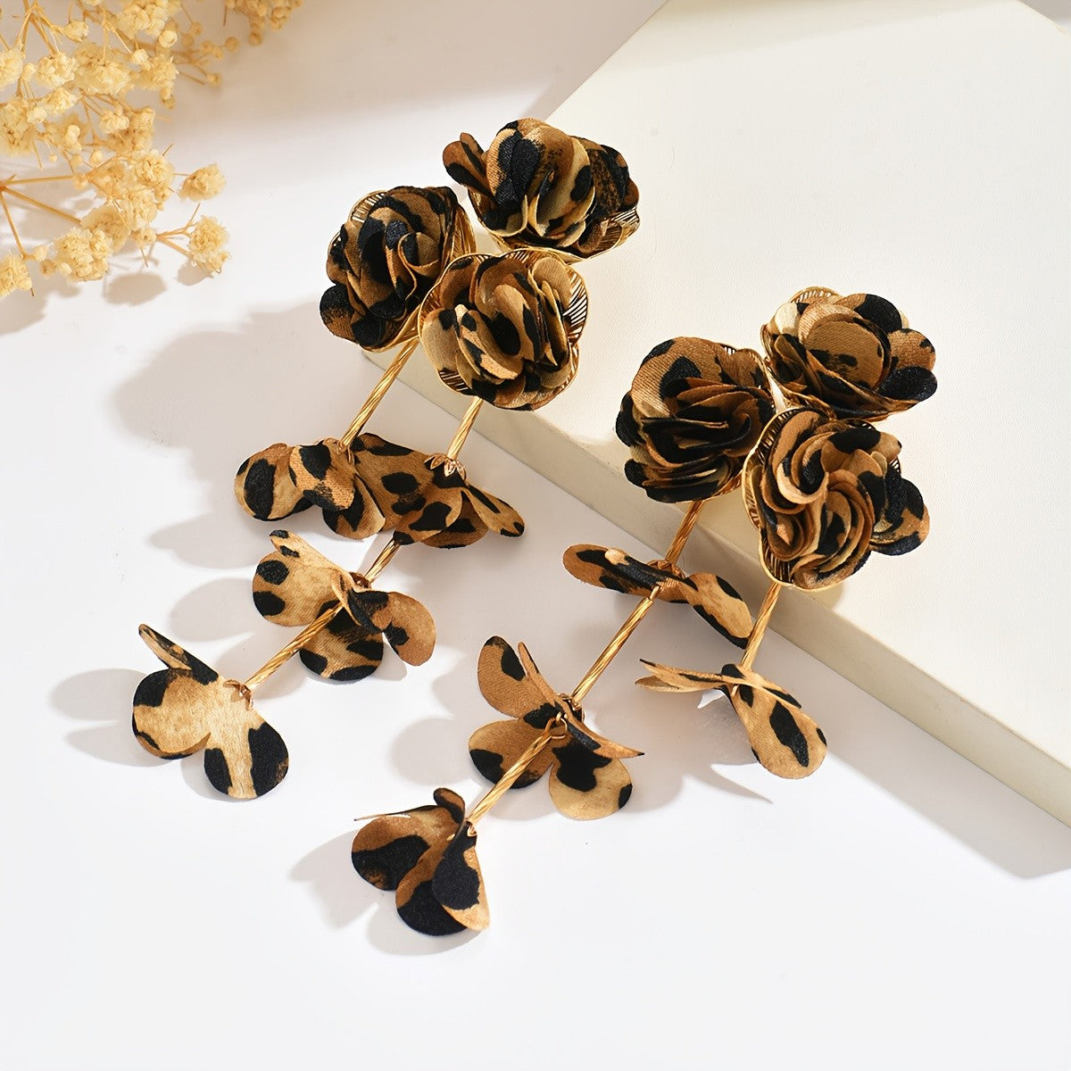 Vintage Leopard Print Cascading Flower Earrings