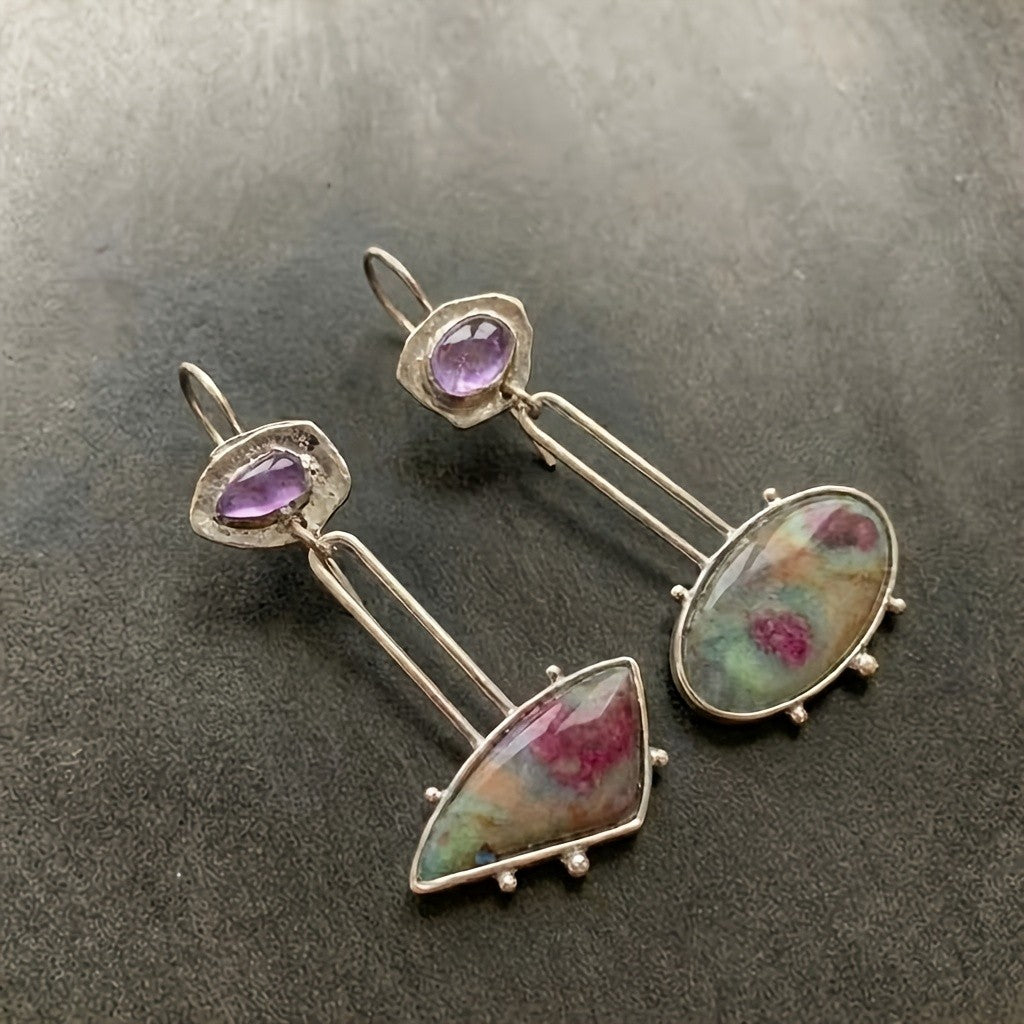 Asymmetric Vintage Ruby Stone Drop Earrings