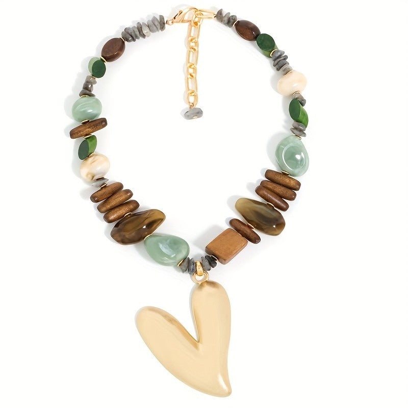 Boho Wood Bead Heart Necklace