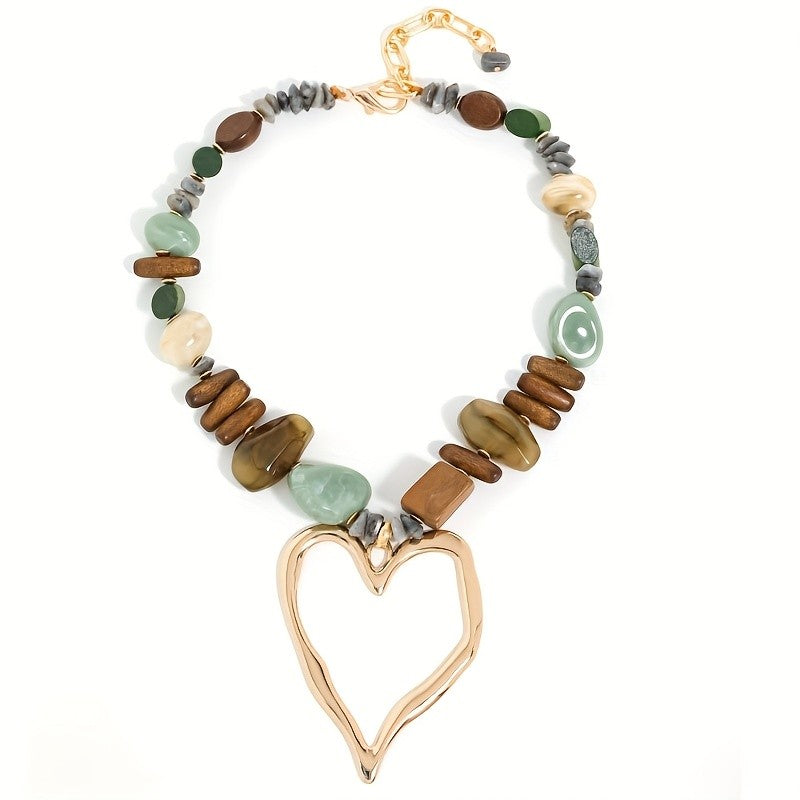Boho Wood Bead Heart Necklace