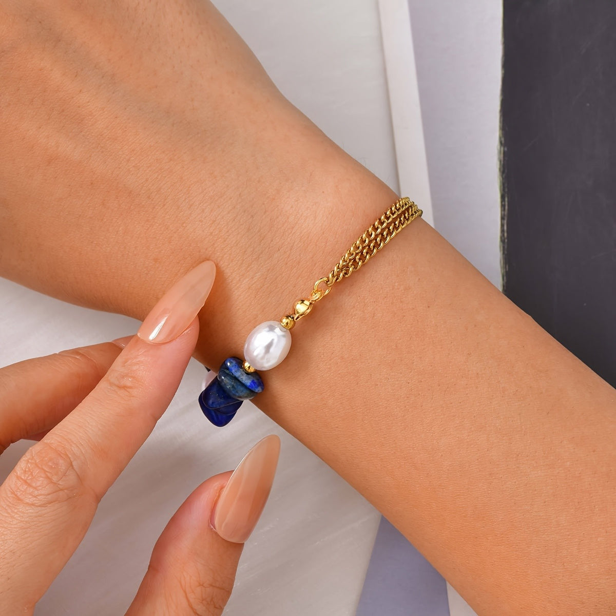 18k Natural Stone & Pearl Bracelet
