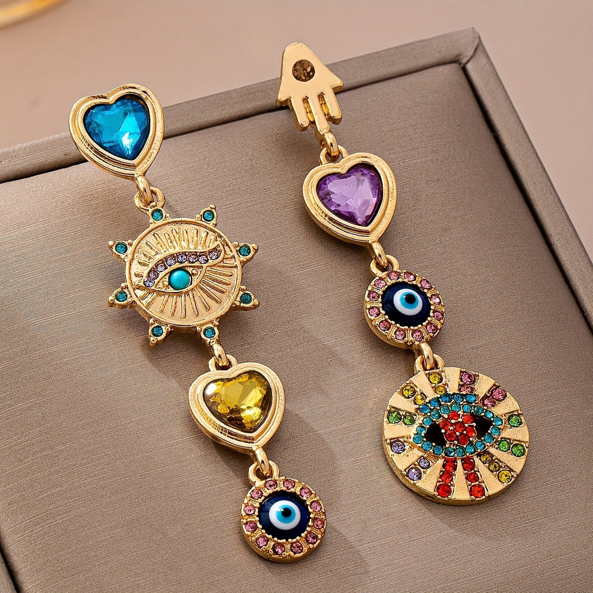 Asymmetric Boho Heart Evil Eye Earrings