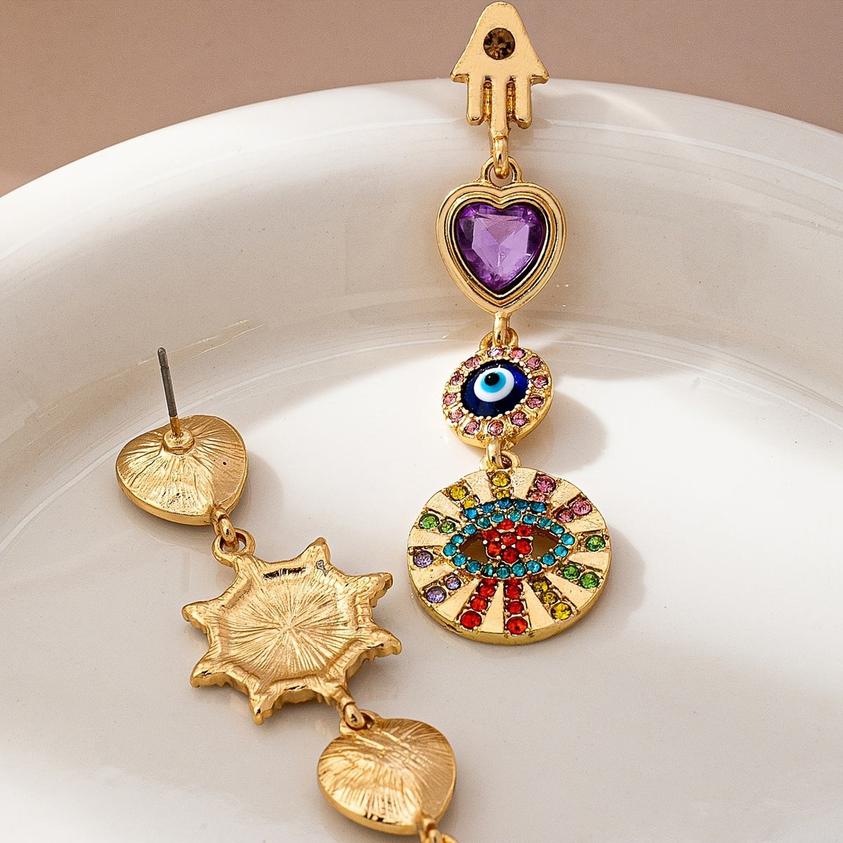 Asymmetric Boho Heart Evil Eye Earrings