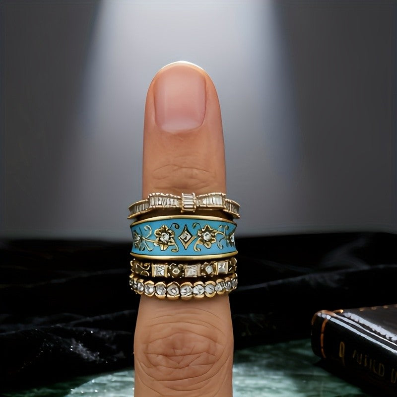 Vintage Floral Enamel Stacking Ring Set