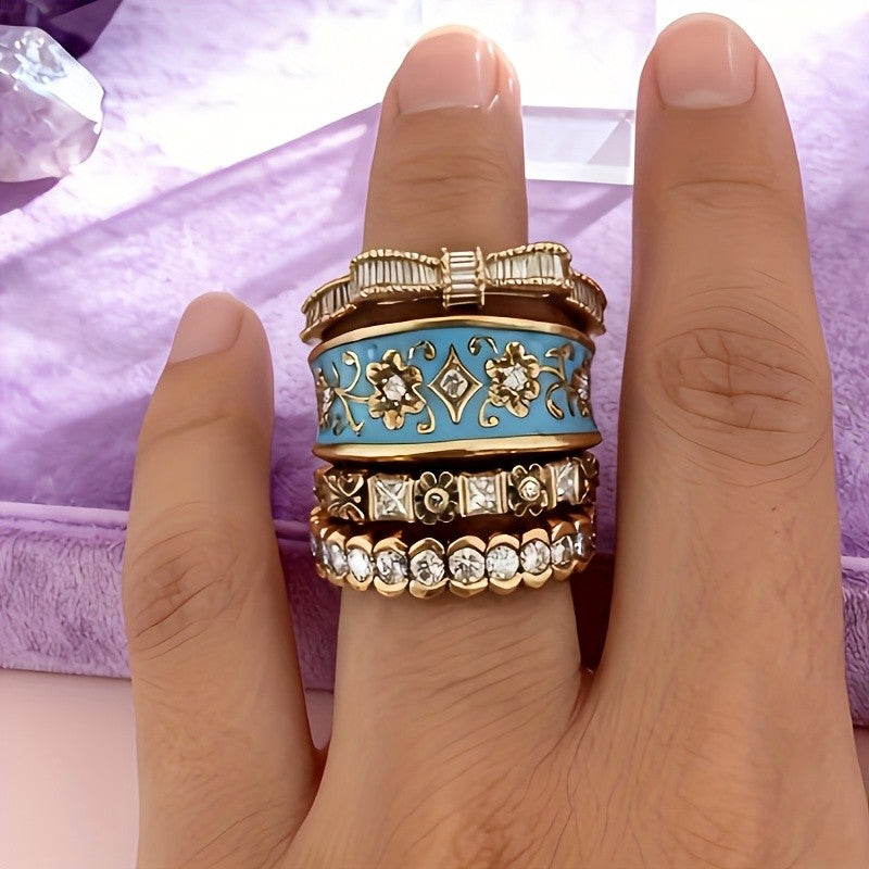 Vintage Floral Enamel Stacking Ring Set