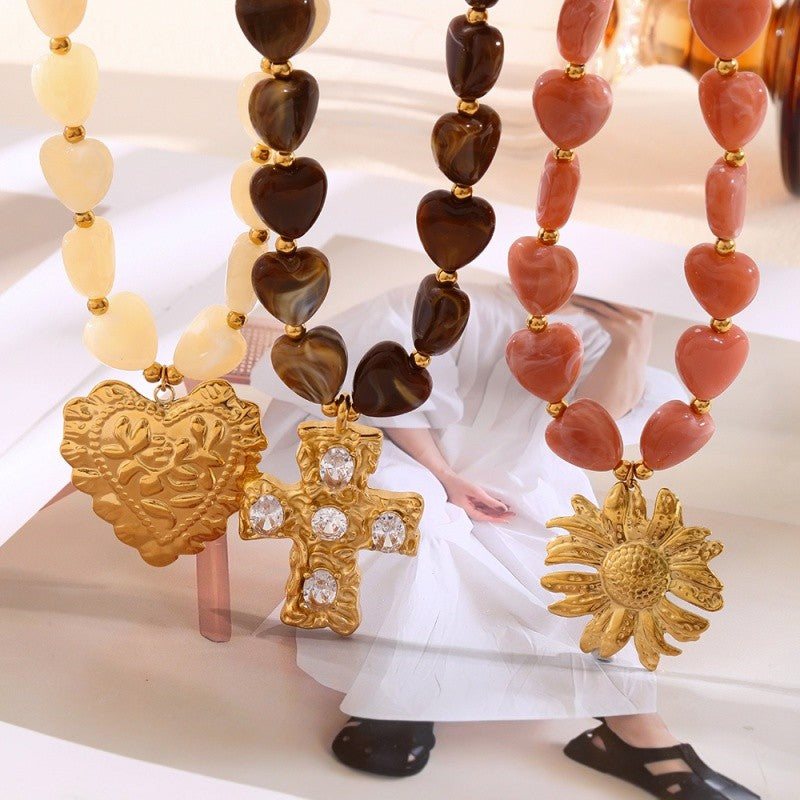 18k Layered Heart Bead Cross Necklace