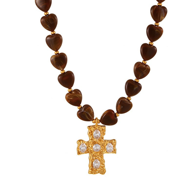 18k Layered Heart Bead Cross Necklace