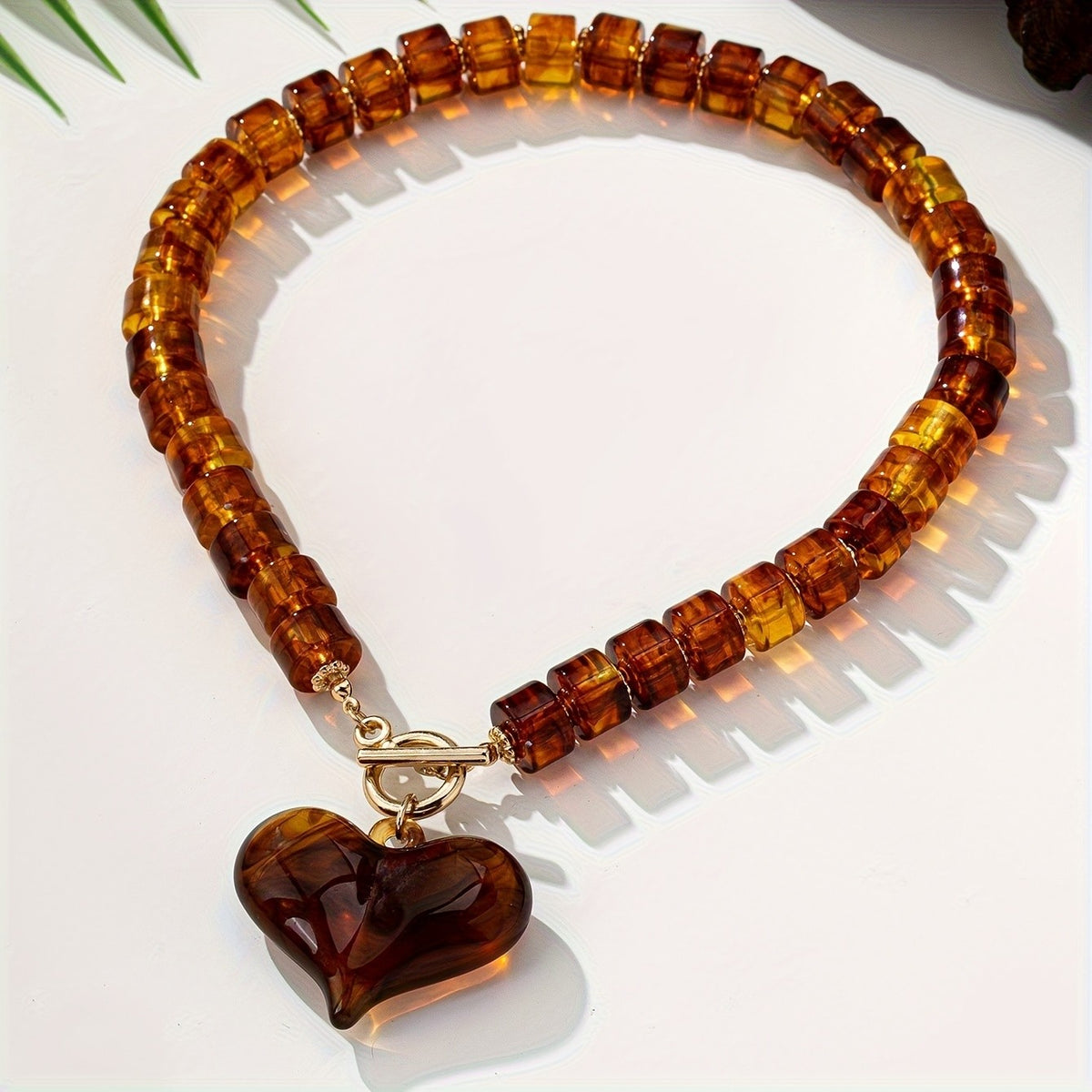 Amber Beaded Heart Pendant Necklace