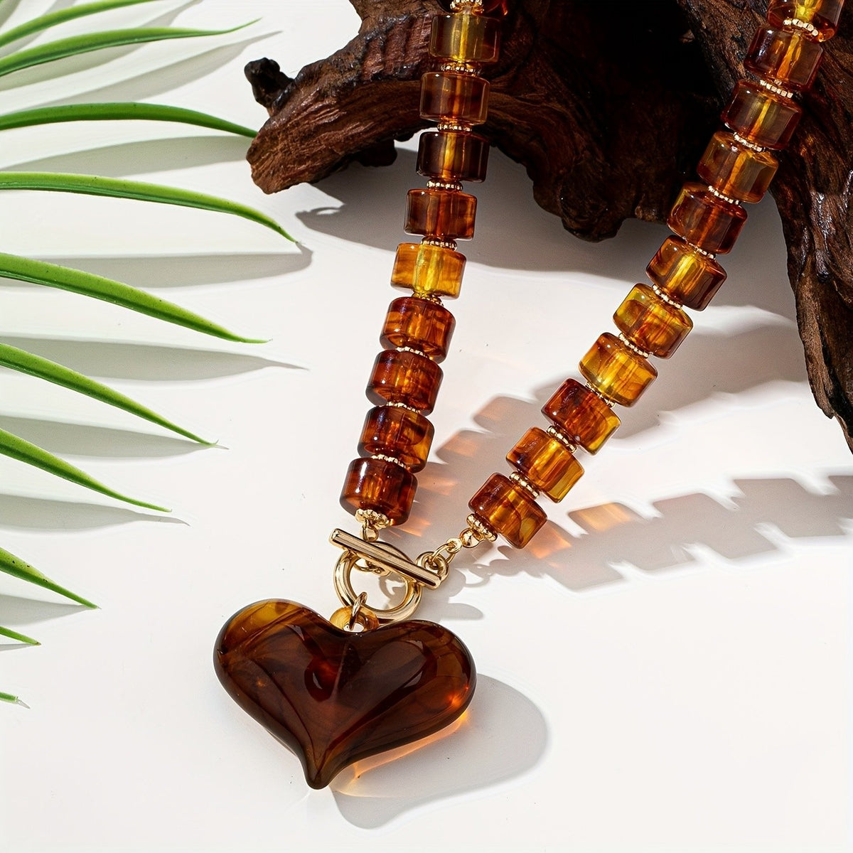 Amber Beaded Heart Pendant Necklace