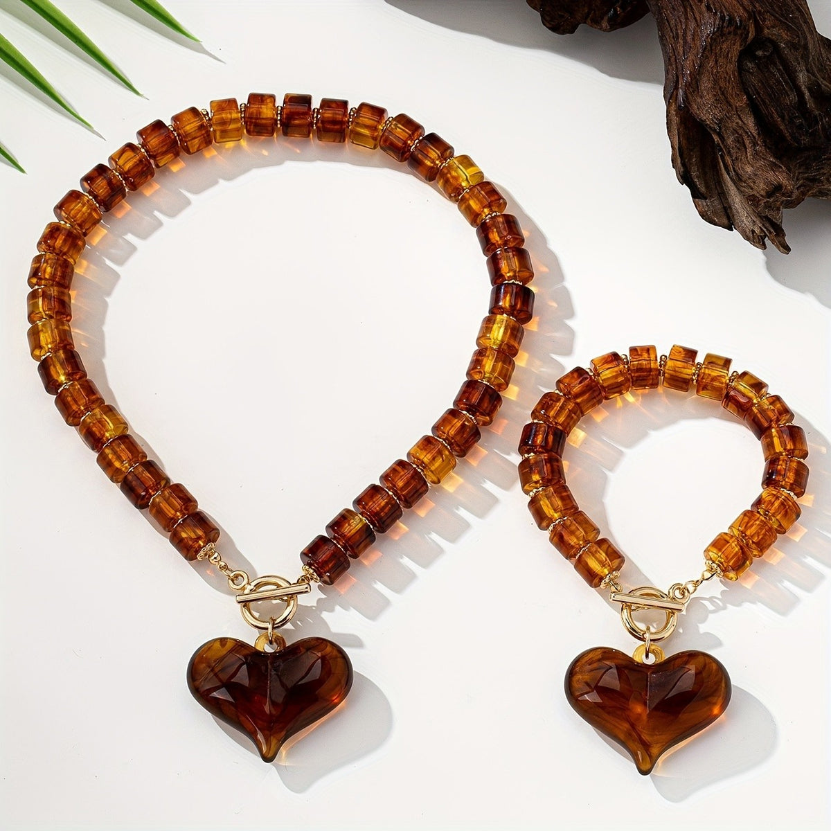 Amber Beaded Heart Pendant Necklace