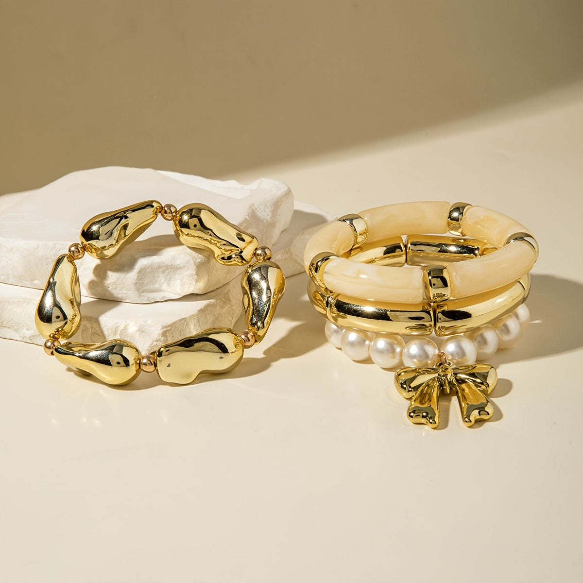 Irregular Bow Pearl Bead Bracelet Set