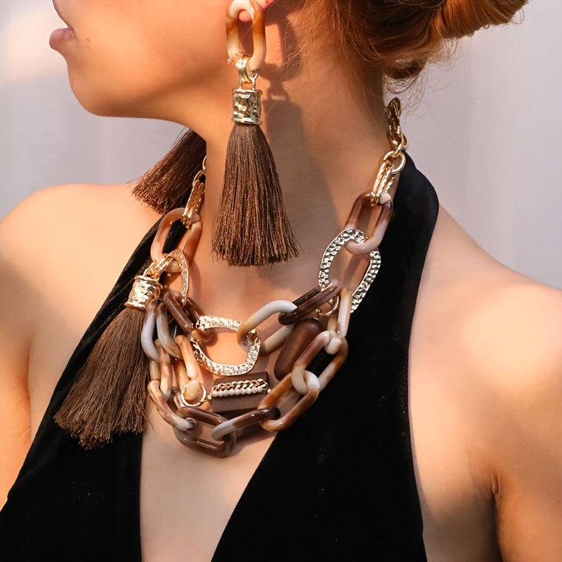 Vintage Acrylic Chain Necklace and Tassel Earring Set