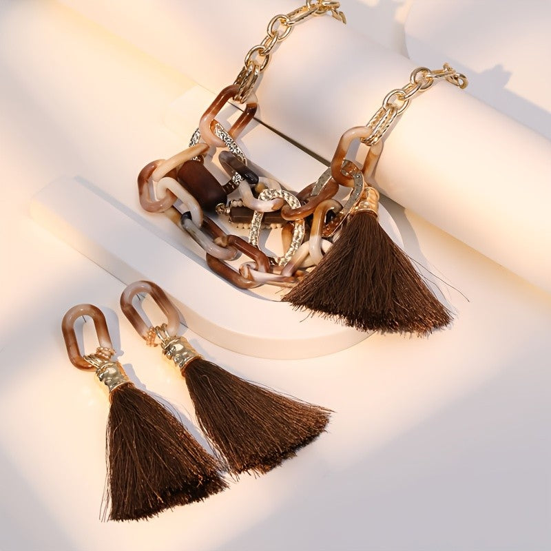 Vintage Acrylic Chain Necklace and Tassel Earring Set