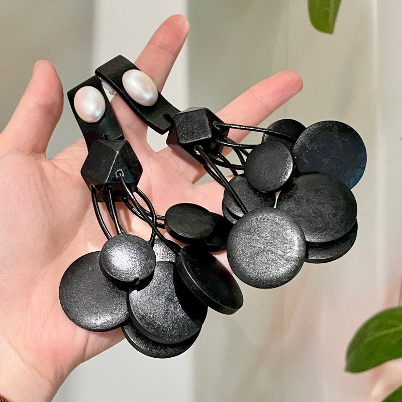 Vintage Black Geometric Pearl Drop Earrings