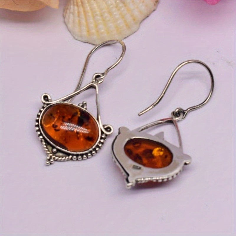 S925 Oval Amber Drop Earrings