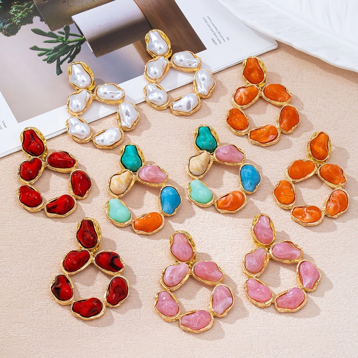 Asymmetric Multi-Color Stone Drop Earrings