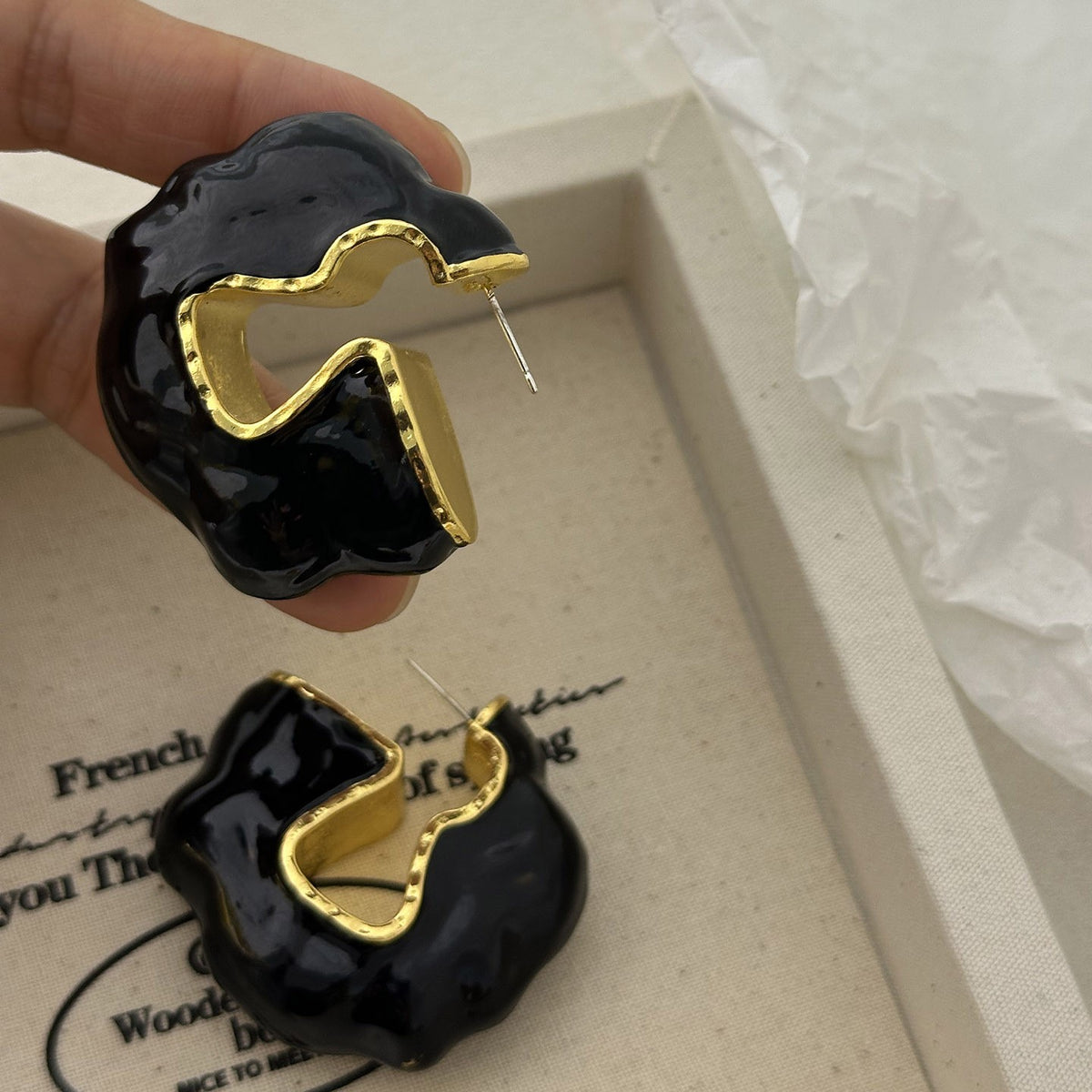 Asymmetric Black Gold Drop Earrings