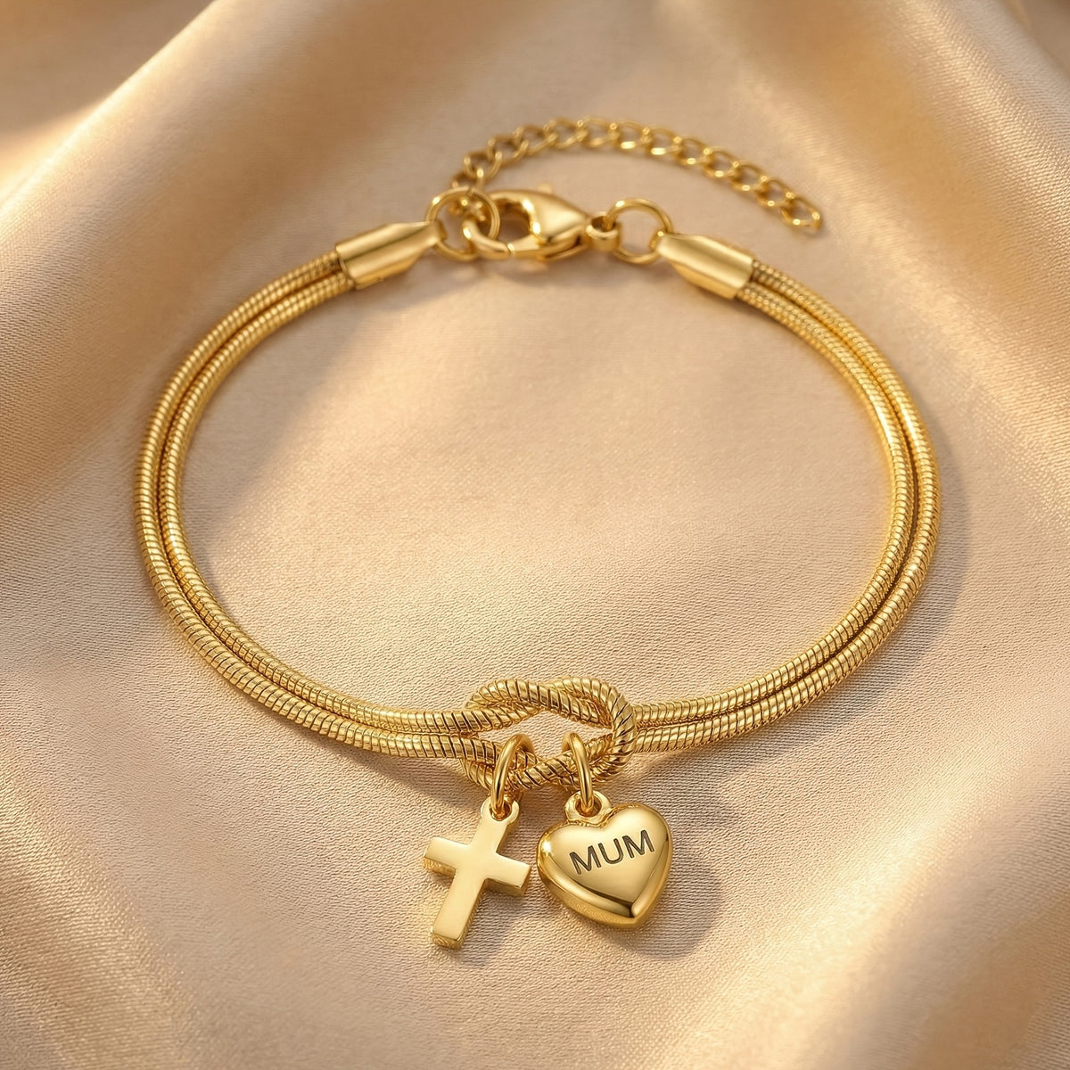 18k Heart Cross Charm Bracelet